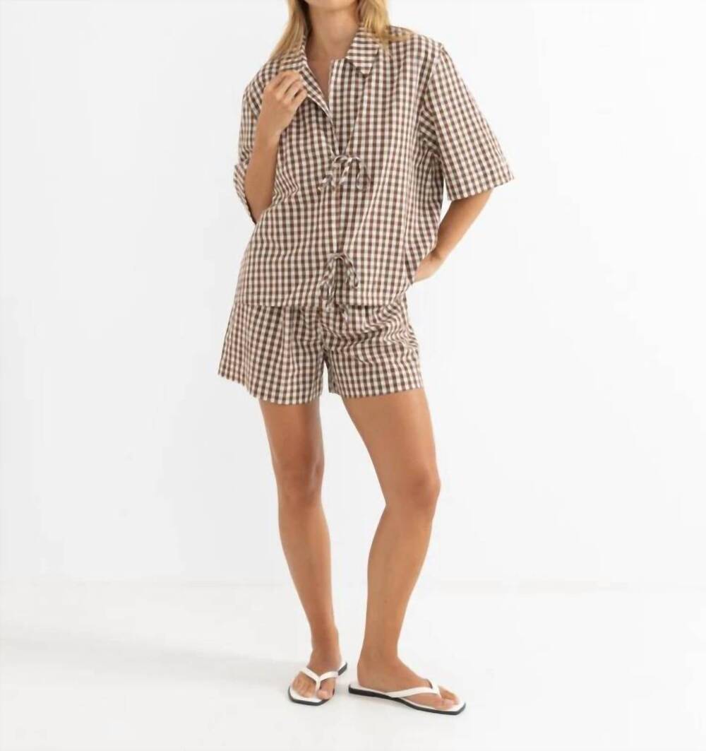 NEW RHYTHM. birdie gingham tie front top in brown / ivory